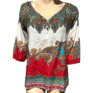 Tommy Bahama Women’s Tunic Top Cotton Silk Paisley Print 3/4 Sleeve Size S Small